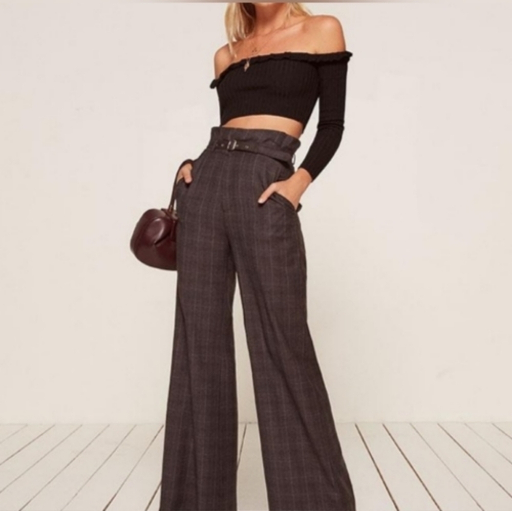 Reformation Wide Leg Belted Trousers Plaid Pants Sz 2 Brown